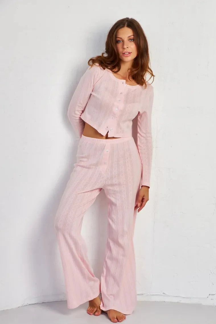 Karen | Women's Co-ord Set Cutout Jacquard Long-Sleeve Two-Piece Textured Soft Casual Coordinated Chic Autumn Winter Layering
