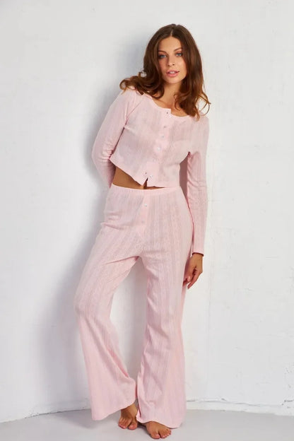 Karen | Women's Co-ord Set Cutout Jacquard Long-Sleeve Two-Piece Textured Soft Casual Coordinated Chic Autumn Winter Layering