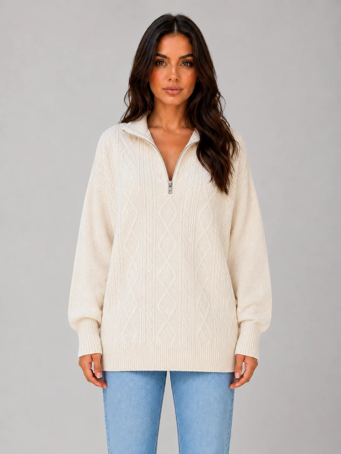 Raegan | Women's Sweater Half-Zip Cable-Knit Chunky Textured Soft Cosy Warm Layering Chic Feminine Casual Everyday Autumn Winter