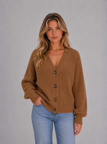 River | Women's Cardigan Chunky Knit Button Front V-Neck Soft Ribbed Cosy Warm Relaxed Layering Chic Feminine Casual Everyday
