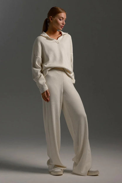 Kamila | Women's Co-ord Set Polo Collar Knit Pullover Wide-Leg Trousers Two-Piece Cosy Knit Coordinated Chic Autumn Winter