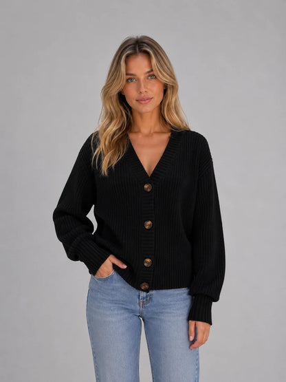 River | Women's Cardigan Chunky Knit Button Front V-Neck Soft Ribbed Cosy Warm Relaxed Layering Chic Feminine Casual Everyday