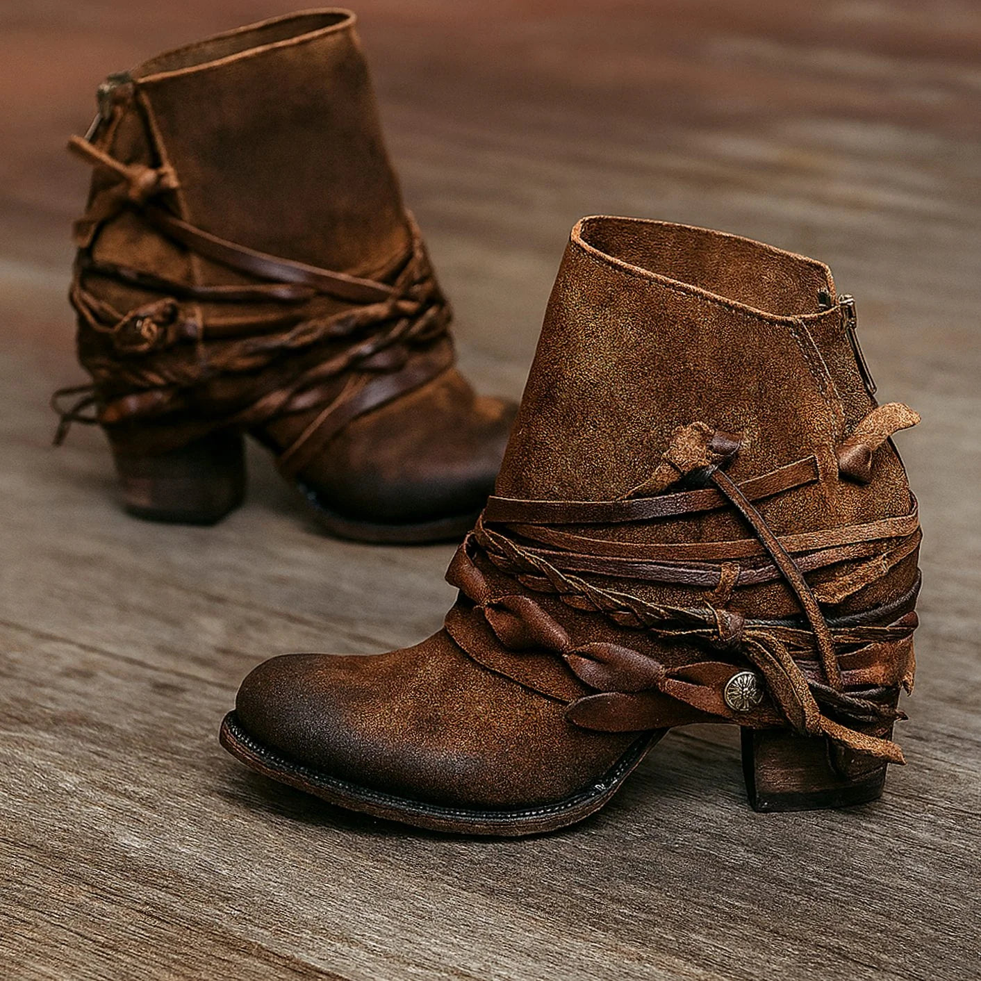 Selah | Women's Ankle Boots Boho Western Wrap Strap Block Heel Structured Statement Chic Casual Everyday Autumn Winter Footwear