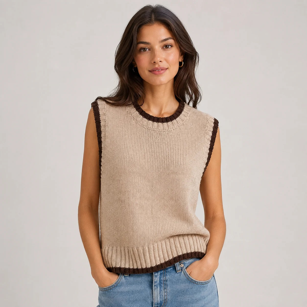 Tessa | Women's Vest Sweater Contrast Trim Round Neck Sleeveless Knit Soft Cosy Warm Layering Chic Feminine Casual Everyday Autumn