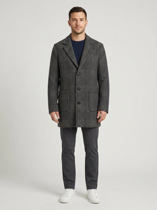 Amari | Men's Overcoat Tailored Longline Checked Single-Breasted Notch Lapel Structured Warm Smart Formal Business Occasion Autumn - Front [Lystr 6a8c51163e961ec83ee92133:front]