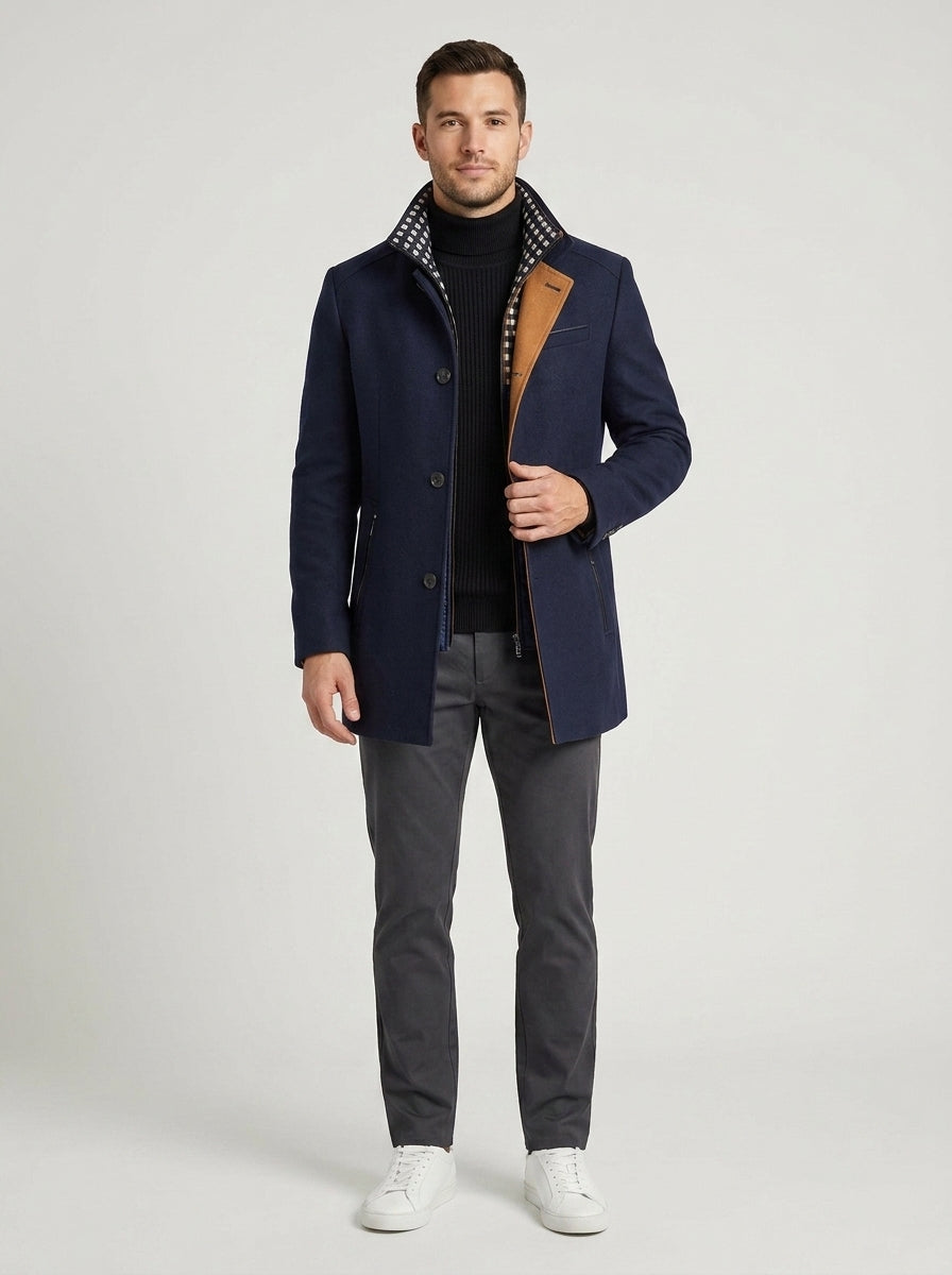 Atlas | Men's Trench Coat Wool Stand Collar Smart Casual Structured Longline Tailored Warm Refined Business Everyday Autumn Winter - Front [Lystr 6a8c51253e961ec83ee92139:front]