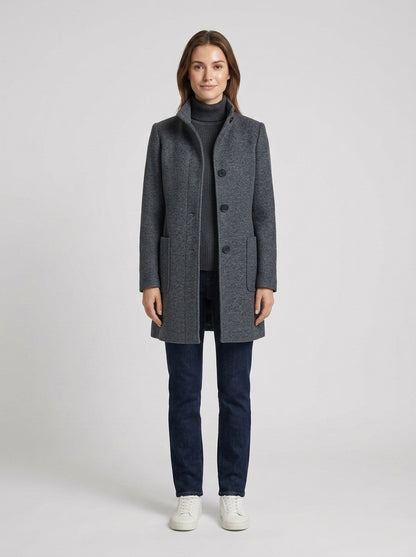 Athena | Women's Coat Wool-Blend Stand Collar Longline Button Front Tailored Warm Structured Smart Occasion Everyday Autumn Winter Outerwear - Front [Lystr 6a8c51293e961ec83ee9213c:front]