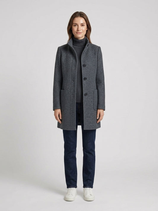 Athena | Women's Coat Wool-Blend Stand Collar Longline Button Front Tailored Warm Structured Smart Occasion Everyday Autumn Winter Outerwear - Front [Lystr 6a8c51293e961ec83ee9213c:front]