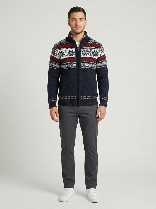 Harry | Men's Cardigan Nordic Knit Zip-Up Patterned Soft Warm Refined Layering Smart Casual Everyday Autumn Winter Knitwear Festive Cosy - Front [Lystr 6a8c512d3e961ec83ee9213f:front]
