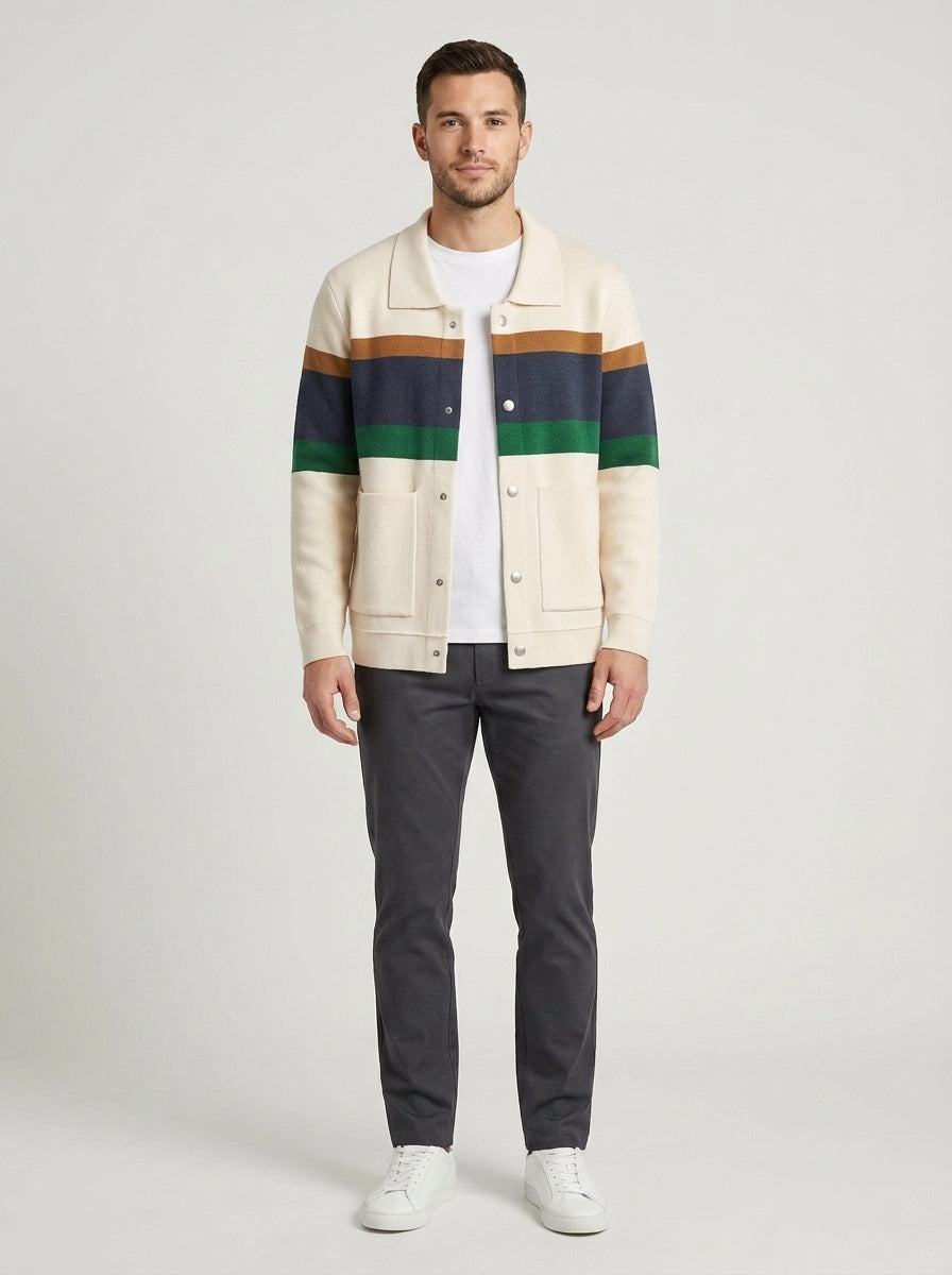 Harry | Men's Cardigan Button-Front Fold Collar Striped Knit Soft Warm Refined Layering Smart Casual Everyday Autumn Winter Knitwear Cosy - Front [Lystr 6a8c51383e961ec83ee92142:front]