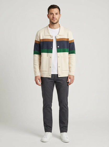 Harry | Men's Cardigan Button-Front Fold Collar Striped Knit Soft Warm Refined Layering Smart Casual Everyday Autumn Winter Knitwear Cosy - Front [Lystr 6a8c51383e961ec83ee92142:front]