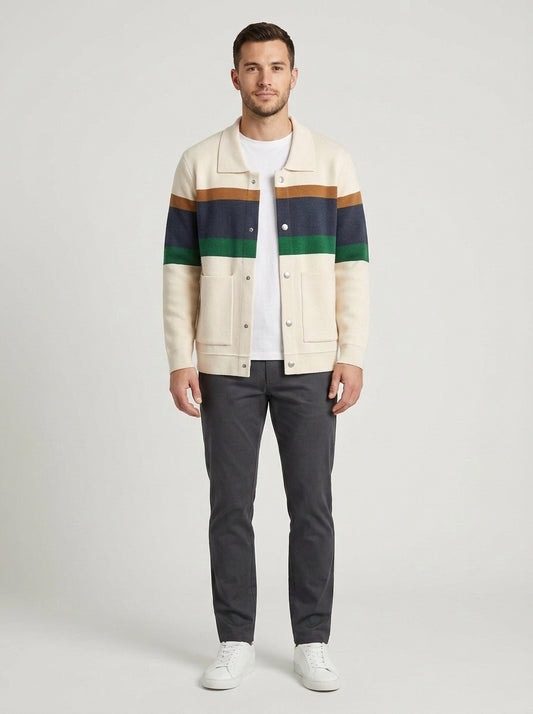 Harry | Men's Cardigan Button-Front Fold Collar Striped Knit Soft Warm Refined Layering Smart Casual Everyday Autumn Winter Knitwear Cosy - Front [Lystr 6a8c51383e961ec83ee92142:front]