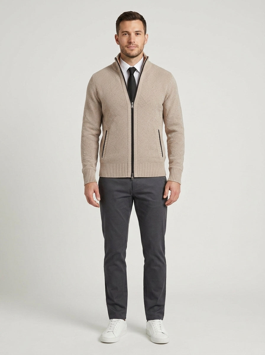 Amir | Men's Cardigan Full-Zip Funnel Neck Textured Knit Soft Warm Refined Layering Smart Casual Everyday Autumn Winter Knitwear - Front [Lystr 6a8c513d3e961ec83ee92145:front]