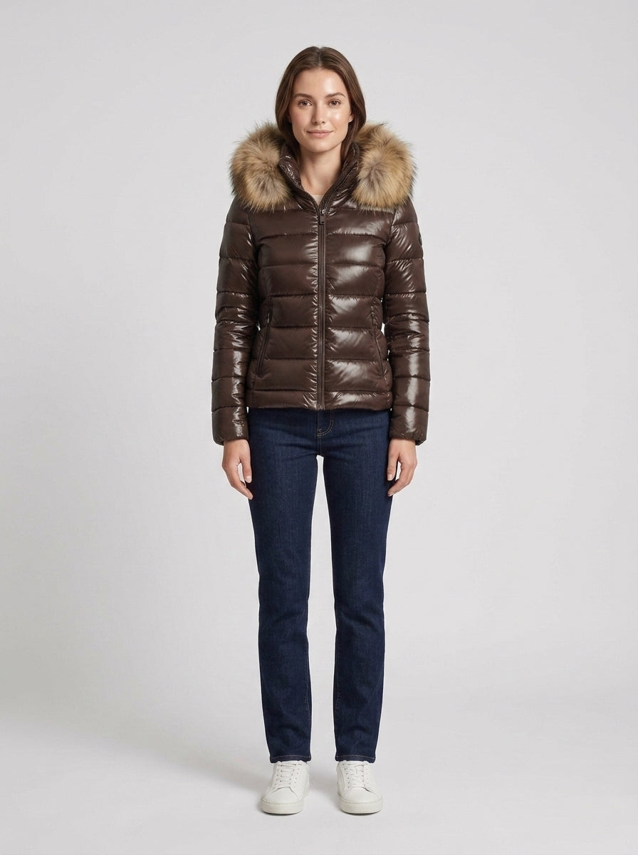 Nina | Women's Puffer Jacket Glossy Hooded Faux Fur Trim Padded Insulated Warm Cropped Casual Everyday Winter Outerwear Cosy - Front [Lystr 6a8ca978e3fe34c8437585ea:front]