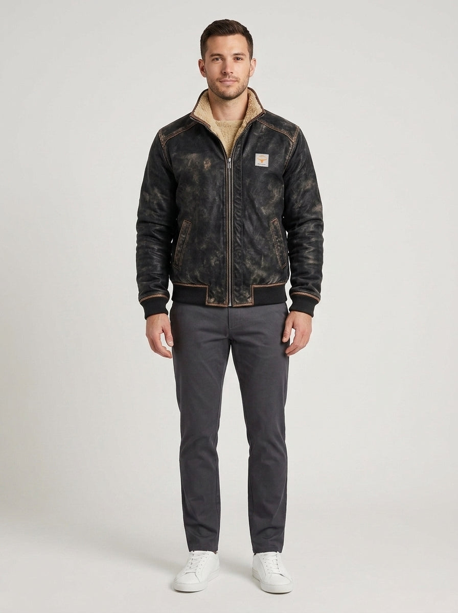 Boston | Men's Leather Jacket Vintage Fluffy Lined Warm Soft Refined Structured Smart Casual Everyday Layering Autumn Winter - Front [Lystr 6a8e0900214e078529a67083:front]