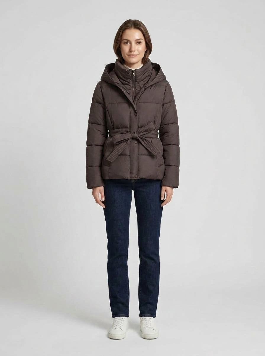 Saige | Women's Puffer Jacket Hooded Belted Padded Insulated Warm Quilted Casual Everyday Winter Outerwear Cosy Flattering - Front [Lystr 6a982fb60dd796827e4ed42e:front]