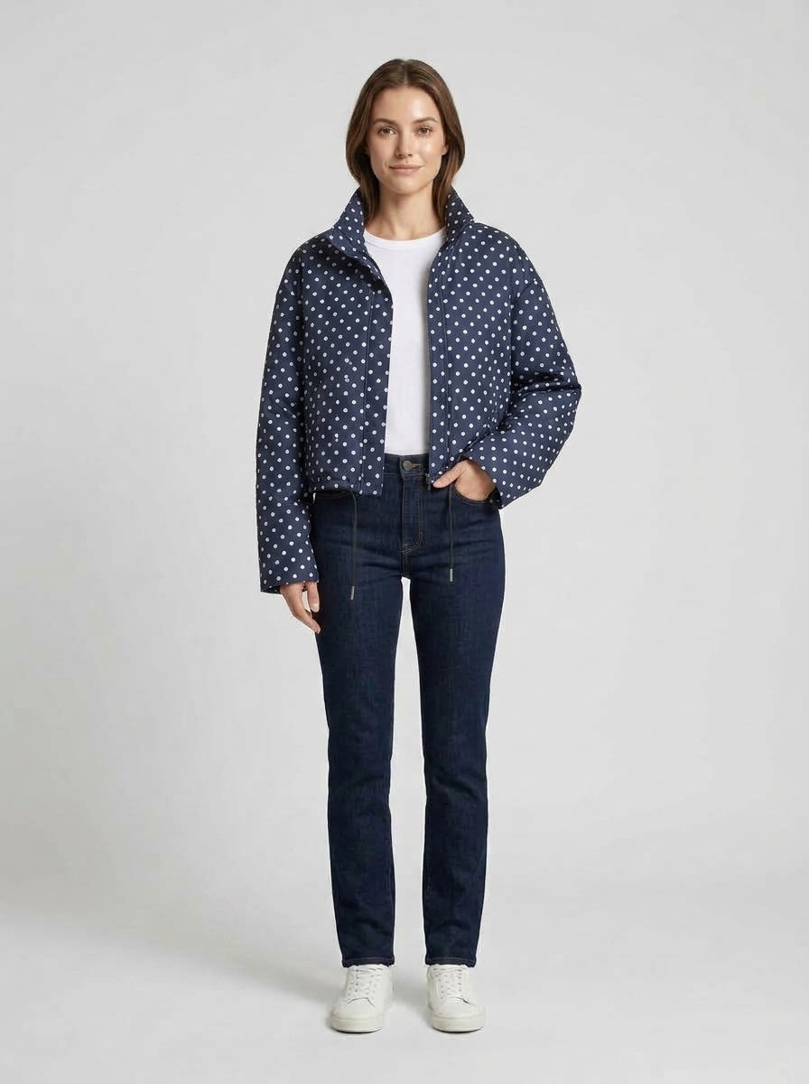 Sage | Women's Bomber Jacket Polka Dot Casual Playful Patterned Relaxed Soft Chic Everyday Autumn Winter Layering Statement - Front [Lystr 6a982fc00dd796827e4ed434:front]