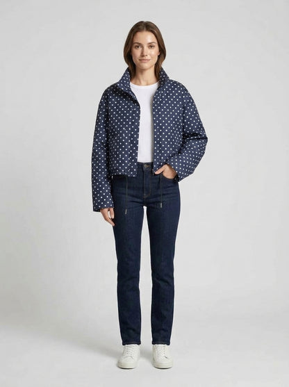 Sage | Women's Bomber Jacket Polka Dot Casual Playful Patterned Relaxed Soft Chic Everyday Autumn Winter Layering Statement - Front [Lystr 6a982fc00dd796827e4ed434:front]