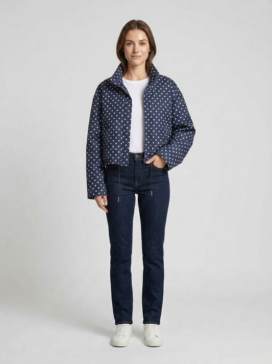 Sage | Women's Bomber Jacket Polka Dot Casual Playful Patterned Relaxed Soft Chic Everyday Autumn Winter Layering Statement - Front [Lystr 6a982fc00dd796827e4ed434:front]