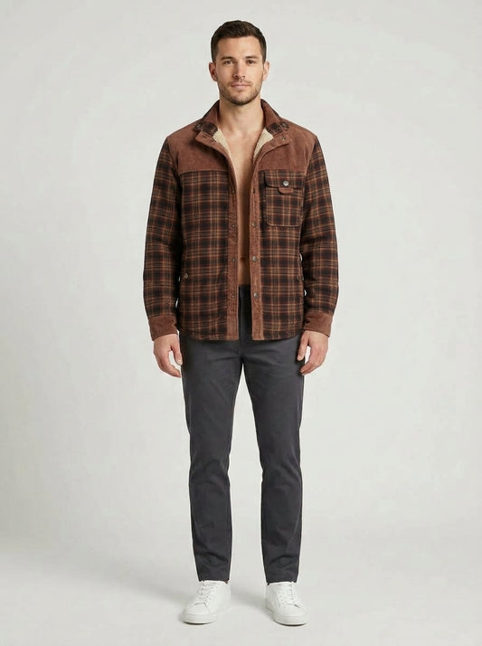 Nathanael | Men's Overshirt Checked Sherpa Lined Warm Cotton Button-Up Shirt Jacket Structured Casual Everyday Layering Autumn Winter - Front [Lystr 6a982fdf0dd796827e4ed440:front]