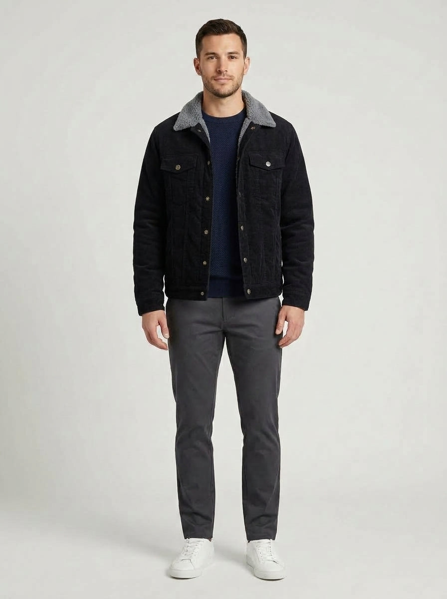 Nasir | Men's Jacket Corduroy Sherpa Collar Lined Warm Insulated Structured Casual Everyday Layering Autumn Winter Outerwear Cosy - Front [Lystr 6a982fe20dd796827e4ed443:front]
