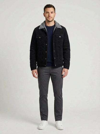 Nasir | Men's Jacket Corduroy Sherpa Collar Lined Warm Insulated Structured Casual Everyday Layering Autumn Winter Outerwear Cosy - Front [Lystr 6a982fe20dd796827e4ed443:front]
