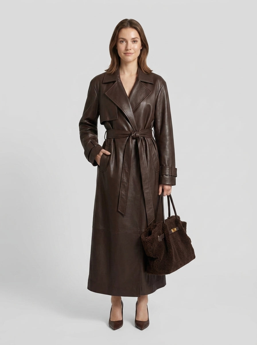 Paige | Women's Trench Coat Faux Leather Oversized Belted Longline Structured Warm Smart Occasion Everyday Autumn Winter Statement - Front [Lystr 6a982fea0dd796827e4ed446:front]