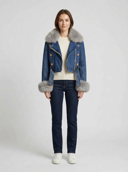 Sophie | Women's Jacket Denim Faux Fur Collar Longline Warm Structured Casual Everyday Layering Autumn Winter Outerwear Statement Trendy - Front [Lystr 6a98388f7ff132fb93077eee:front]