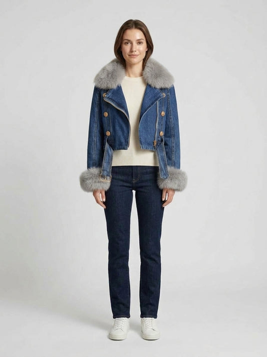 Sophie | Women's Jacket Denim Faux Fur Collar Longline Warm Structured Casual Everyday Layering Autumn Winter Outerwear Statement Trendy - Front [Lystr 6a98388f7ff132fb93077eee:front]