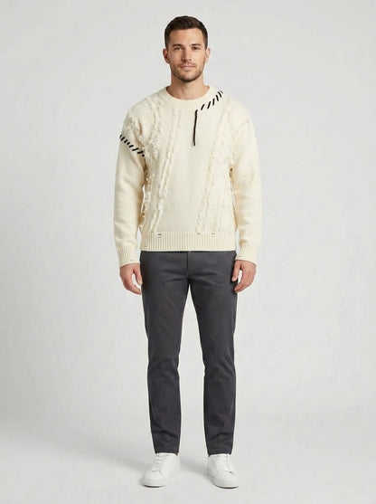 Alexander | Men's Sweater Crew Neck Distressed Textured Panel Ribbed Cuff - Front [Lystr 6a9838997ff132fb93077ef4:front]