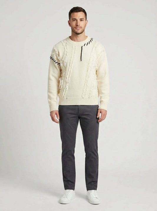 Alexander | Men's Sweater Crew Neck Distressed Textured Panel Ribbed Cuff - Front [Lystr 6a9838997ff132fb93077ef4:front]
