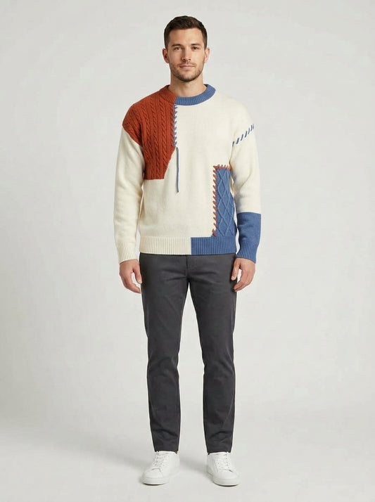 Max | Men's Sweater Crew Neck Colour-Block Cable-Knit Chunky Soft Warm Refined Layering Smart Casual Everyday Autumn Winter Knitwear - Front [Lystr 6a9838ac7ff132fb93077efd:front]
