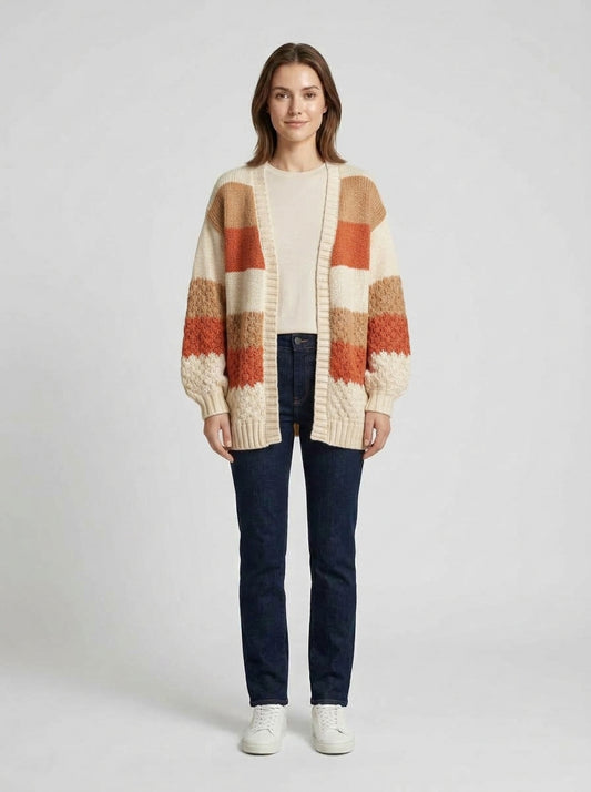 Rosie | Women's Cardigan Open-Front Colour-Block Relaxed Knit Soft Cosy Warm Layering Chic Feminine Everyday Autumn Winter Knitwear Statement - Front [Lystr 6a9838b97ff132fb93077f00:front]