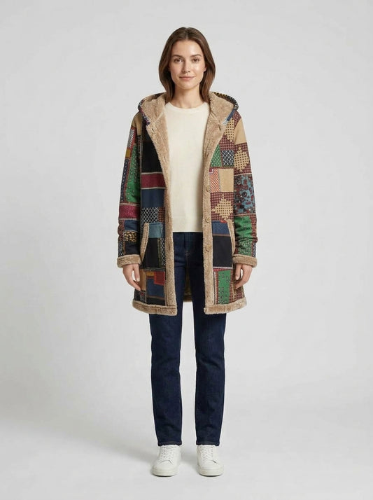 Isla | Women's Coat Patchwork Hooded Fleece-Lined Warm Cosy Casual Relaxed Everyday Outdoor Autumn Winter Outerwear Statement Versatile - Front [Lystr 6a9838bd7ff132fb93077f03:front]