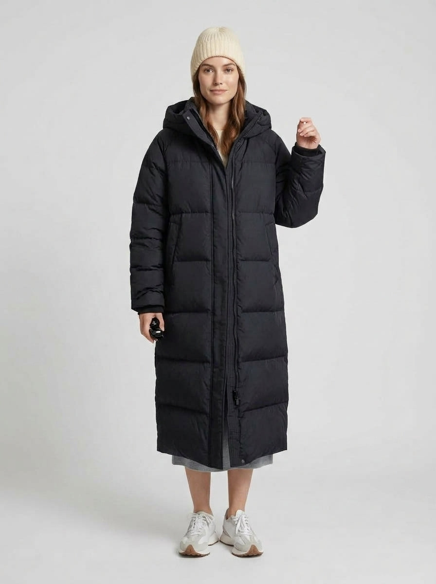 Phoebe | Women's Puffer Coat Longline Padded Hooded Insulated Warm Zip Water-Resistant Casual Everyday Winter Outerwear Cosy Practical Statement - Front [Lystr 6a9838c17ff132fb93077f06:front]
