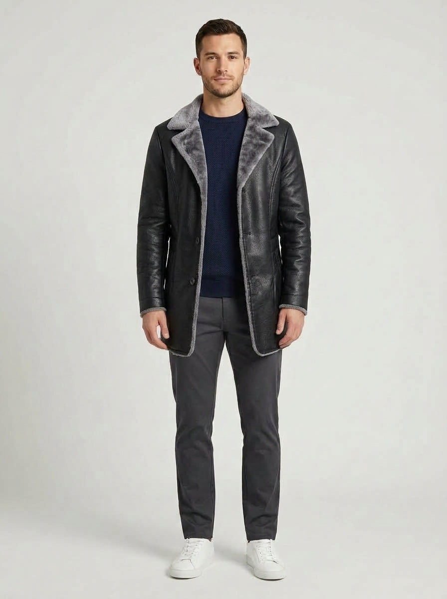 George | Men's Coat Faux Leather Shearling Warm Longline Structured Smart Casual Everyday Layering Autumn Winter Outerwear Statement Refined - Front [Lystr 6a9838cb7ff132fb93077f09:front]