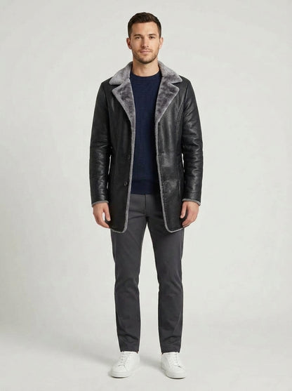 George | Men's Coat Faux Leather Shearling Warm Longline Structured Smart Casual Everyday Layering Autumn Winter Outerwear Statement Refined - Front [Lystr 6a9838cb7ff132fb93077f09:front]
