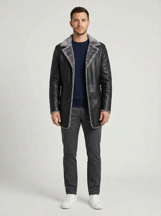 George | Men's Coat Faux Leather Shearling Warm Longline Structured Smart Casual Everyday Layering Autumn Winter Outerwear Statement Refined - Front [Lystr 6a9838cb7ff132fb93077f09:front]