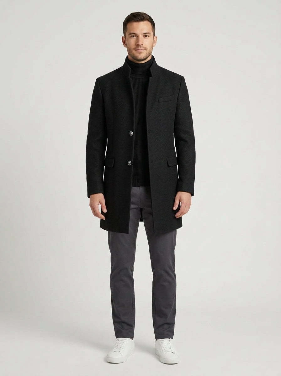 Henry | Men's Coat Stand Collar Single-Breasted Longline Button Front Tailored Warm Smart Formal Everyday Autumn Winter Outerwear Refined - Front [Lystr 6a9838d07ff132fb93077f0c:front]