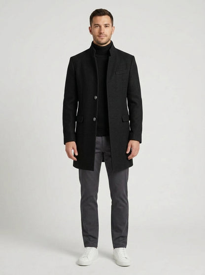 Henry | Men's Coat Stand Collar Single-Breasted Longline Button Front Tailored Warm Smart Formal Everyday Autumn Winter Outerwear Refined - Front [Lystr 6a9838d07ff132fb93077f0c:front]