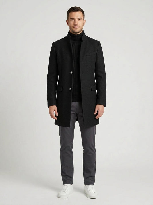 Henry | Men's Coat Stand Collar Single-Breasted Longline Button Front Tailored Warm Smart Formal Everyday Autumn Winter Outerwear Refined - Front [Lystr 6a9838d07ff132fb93077f0c:front]