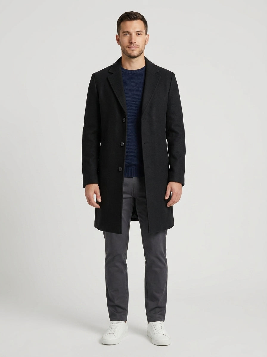 Noah | Men's Coat Single-Breasted Notched Collar Longline Button Front Tailored Warm Smart Formal Everyday Autumn Winter Outerwear Refined - Front [Lystr 6a9838d67ff132fb93077f0f:front]