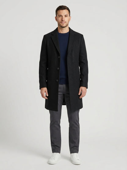 Noah | Men's Coat Single-Breasted Notched Collar Longline Button Front Tailored Warm Smart Formal Everyday Autumn Winter Outerwear Refined - Front [Lystr 6a9838d67ff132fb93077f0f:front]