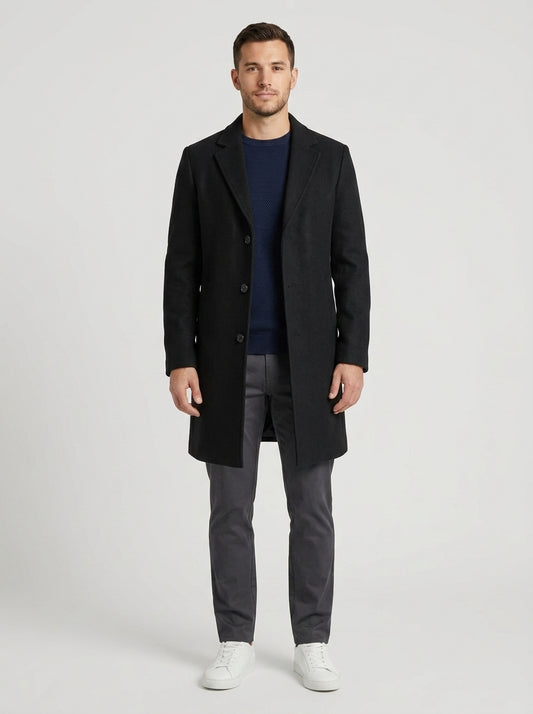 Noah | Men's Coat Single-Breasted Notched Collar Longline Button Front Tailored Warm Smart Formal Everyday Autumn Winter Outerwear Refined - Front [Lystr 6a9838d67ff132fb93077f0f:front]