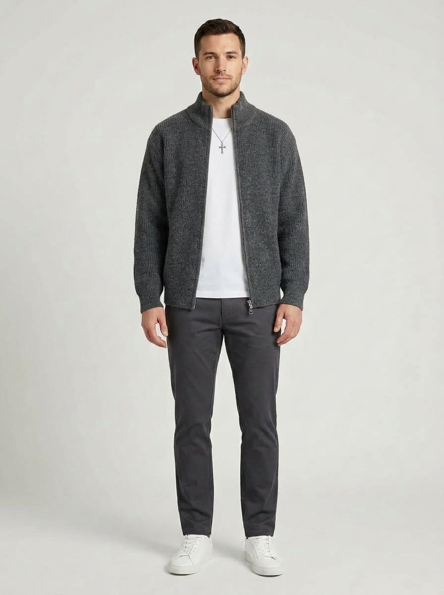 Alberto | Men's Cardigan Knit Zip-Front Stand Collar Soft Warm Refined Layering Smart Casual Everyday Autumn Winter Knitwear - Front [Lystr 6a9ed7acc03765044bf5002d:front]