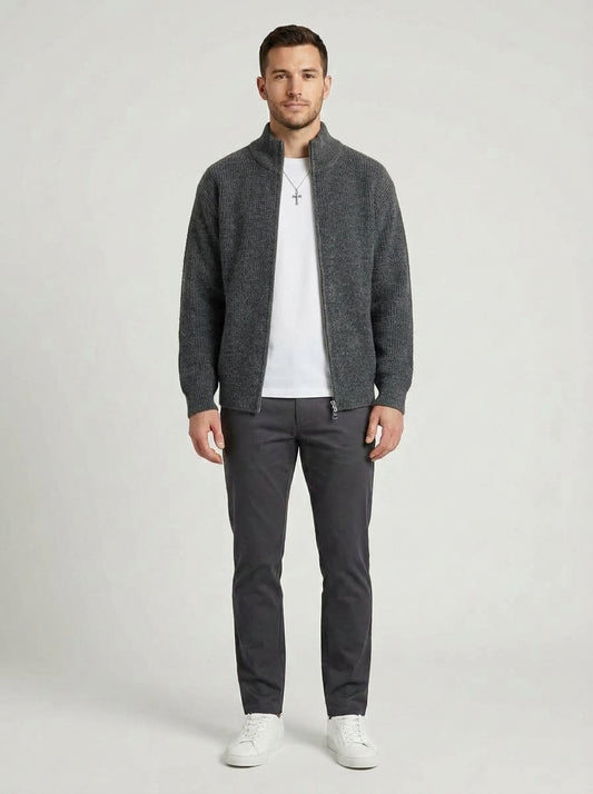 Alberto | Men's Cardigan Knit Zip-Front Stand Collar Soft Warm Refined Layering Smart Casual Everyday Autumn Winter Knitwear - Front [Lystr 6a9ed7acc03765044bf5002d:front]