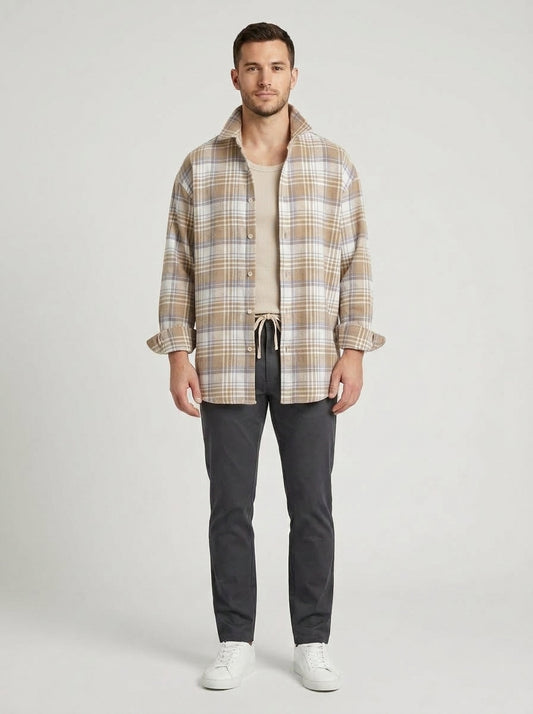 Ahmed | Men's Overshirt Oversized Flannel Check Cotton Button-Up Shirt Jacket Warm Casual Everyday Layering Autumn Winter - Front [Lystr 6a9ed7c5306c4f1f5f026d56:front]