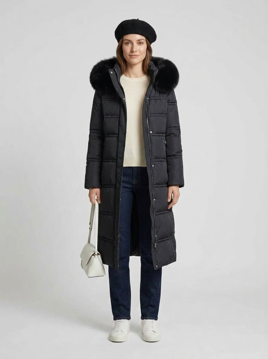 Sloane | Women's Parka Designer Winter Fur Hood Padded Insulated Warm Longline Quilted Casual Everyday Outdoor Winter Outerwear - Front [Lystr 6a9ed7f4306c4f1f5f026d68:front]