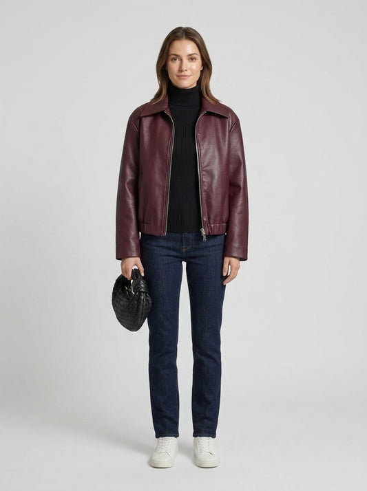 Sierra | Women's Biker Jacket Cropped Matte Front Zip Structured Edgy Chic Casual Everyday Autumn Winter Layering Statement - Front [Lystr 6a9ed7fd306c4f1f5f026d6b:front]