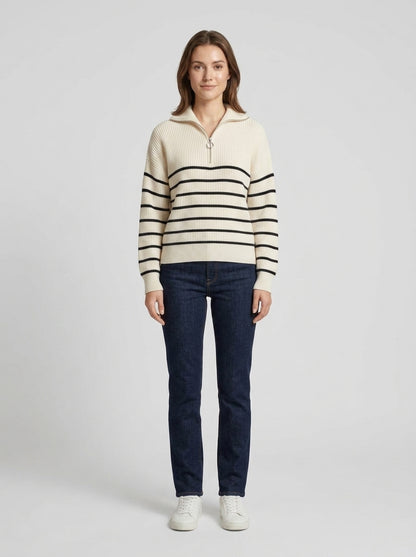 Shelby | Women's Jumper Striped Ribbed Zip Neckline Soft Knit Fitted Cosy Warm Layering Chic Feminine Casual Everyday Autumn Winter - Front [Lystr 6a9ed801306c4f1f5f026d6e:front]